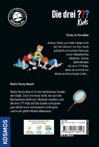 Buchcover und Innenansicht für das Buch: Die drei ??? Kids, Panik im Paradies / Radio Rocky Beach (Doppelband)