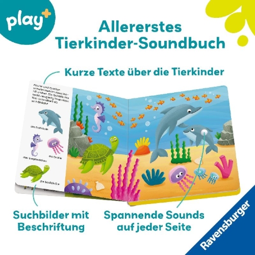 Buchcover und Innenansicht für das Buch: Play+ Mein allererstes Soundbuch Tierkinder - ab 12 Monate