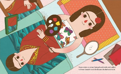 Buchcover und Innenansicht für das Buch: Pequeña y grande: Frida Kahlo