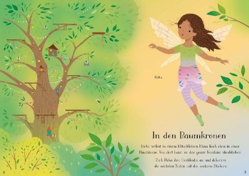 Buchcover und Innenansicht für das Buch: Mein erstes Anziehpuppen-Stickerbuch: Birka,  die kleine Baumkronenfee