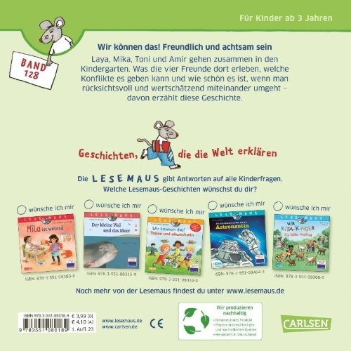 Buchcover und Innenansicht für das Buch: LESEMAUS 128: Wir können das! Freundlich und achtsam sein