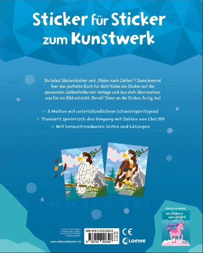 Buchcover und Innenansicht für das Buch: Wir stickern nach Zahlen - Tiere