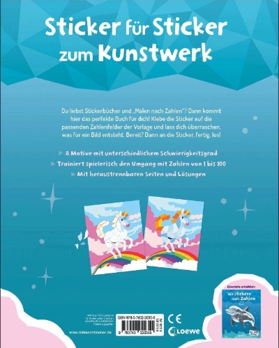 Buchcover und Innenansicht für das Buch: Wir stickern nach Zahlen - Einhörner
