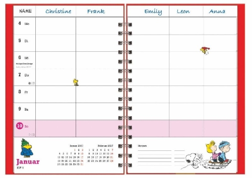 Buchcover und Innenansicht für das Buch: Peanuts Familienplaner-Buch A5 2027