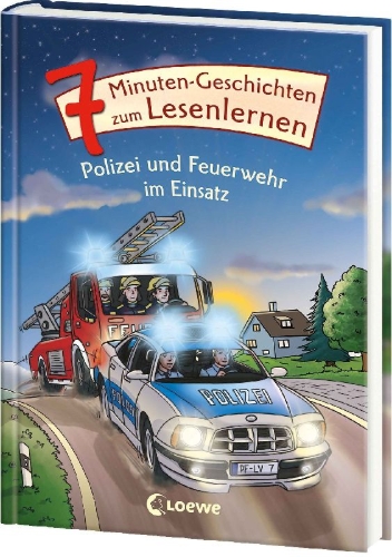 Buchcover und Innenansicht für das Buch: 7-Minuten-Geschichten zum Lesenlernen - Polizei und Feuerwehr im Einsatz