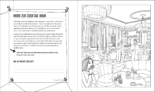 Buchcover und Innenansicht für das Buch: Color and Solve - Haunted Highrise: Color the Crime Scene, Analyze the Clues, and Solve the Murder Mystery!