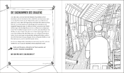 Buchcover und Innenansicht für das Buch: Color and Solve - Haunted Highrise: Color the Crime Scene, Analyze the Clues, and Solve the Murder Mystery!