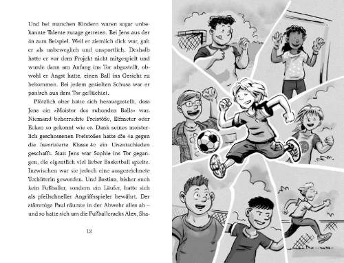 Buchcover und Innenansicht für das Buch: Die Pausenkicker - Elfmeter für die Nachbarschule