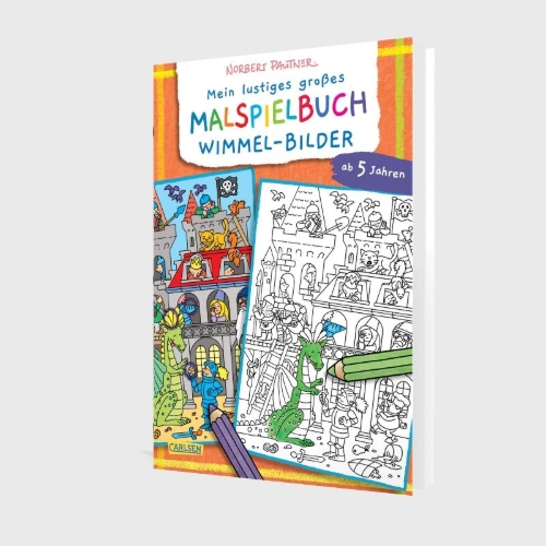 Buchcover und Innenansicht für das Buch: Mein lustiges großes Malspielbuch: Wimmel-Bilder (ab 5 Jahren)