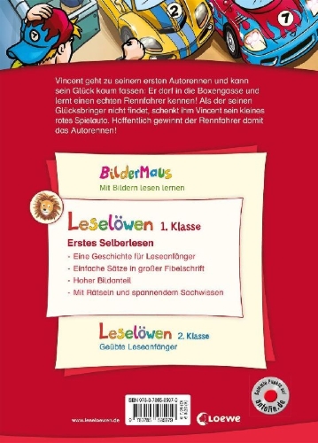 Buchcover und Innenansicht für das Buch: Leselöwen 1. Klasse - Ein spannendes Autorennen
