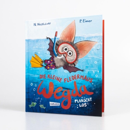 Buchcover und Innenansicht für das Buch: Die kleine Fledermaus Wegda: Wegda planscht los