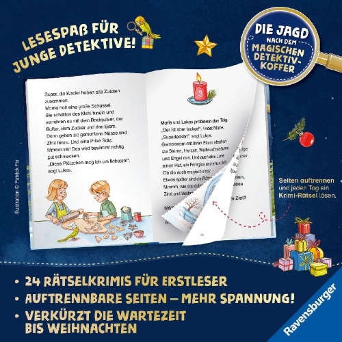 Buchcover und Innenansicht für das Buch: Die Jagd nach dem magischen Detektivkoffer - Adventskalender: Geschenke in Gefahr!