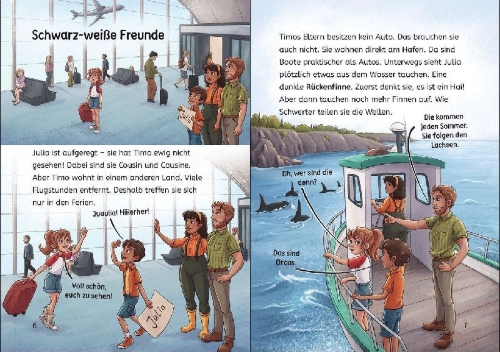 Buchcover und Innenansicht für das Buch: Leselöwen 3. Klasse - Orcas in Gefahr
