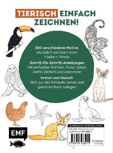 Buchcover und Innenansicht für das Buch: Mes 300 modèles à dessiner en pas à pas animaux