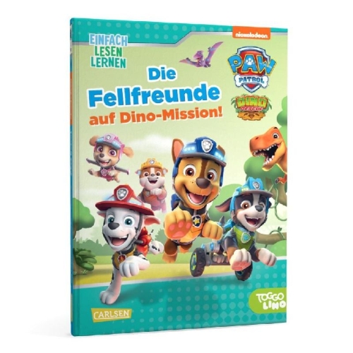 Buchcover und Innenansicht für das Buch: PAW Patrol Erstlesebuch: Die Fellfreunde auf Dino-Mission!