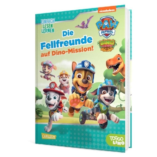 Buchcover und Innenansicht für das Buch: PAW Patrol Erstlesebuch: Die Fellfreunde auf Dino-Mission!