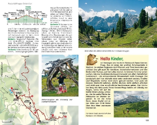 Buchcover und Innenansicht für das Buch: ErlebnisWandern mit Kindern Südtirol, Rother Wanderbuch