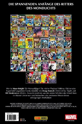 Buchcover und Innenansicht für das Buch: Werewolf by Night (1972) 32-33, Marvel Spotlight (1971) 28-29, Defenders (1972) 47-50, Spectacular Spider-Man (1976) 22-23, Marvel Two-In-One (1974) 52, Moon Knight (1980) 1-20, Marvel Team-Up Annual (1976) 4, Material aus Defenders (1972) 51, Hulk! Magazine (1978) 11-15, 17-18, 20, Marvel Preview (1975) 21, Amazing Spider-Man (1963) 220