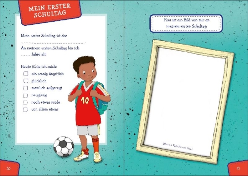 Buchcover und Innenansicht für das Buch: Mein erster Schultag - Fußball