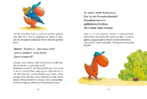 Buchcover und Innenansicht für das Buch: Erst ich ein Stück, dann du - Der kleine Drache Kokosnuss 01 kommt in die Schule