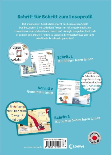 Buchcover und Innenansicht für das Buch: Lesenlernen in 3 Schritten - Die schönsten Gruselgeschichten