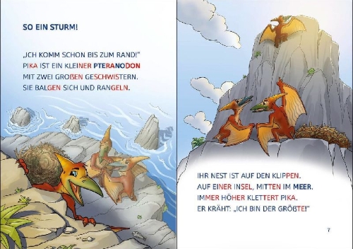 Buchcover und Innenansicht für das Buch: Leselöwen 1. Klasse - Abenteuer im Land der Dinos (Großbuchstabenausgabe)