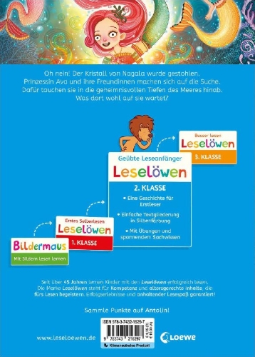 Buchcover und Innenansicht für das Buch: Leselöwen 2. Klasse - Die Meermädchen und der gestohlene Kristall
