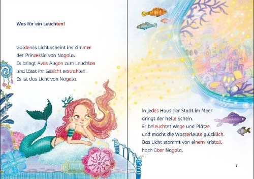 Buchcover und Innenansicht für das Buch: Leselöwen 2. Klasse - Die Meermädchen und der gestohlene Kristall