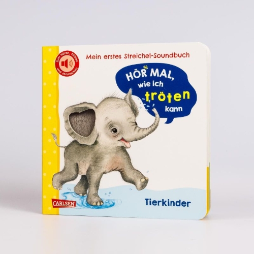 Buchcover und Innenansicht für das Buch: Hör mal, wie ich tröten kann (Mein erstes Streichel-Soundbuch 4)