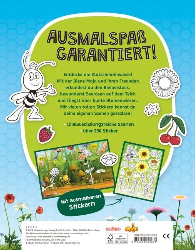 Buchcover und Innenansicht für das Buch: Mein Ausmalstickerbuch: Die Biene Maja