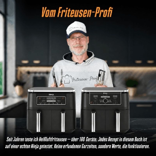 Buchcover und Innenansicht für das Buch: Ninja Heißluftfritteuse Rezeptbuch Dual Zone - über 100 Airfryer getestet: Erprobte Rezepte mit exakten Garzeiten für beide Garkörbe