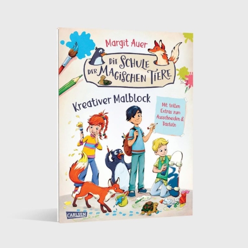 Buchcover und Innenansicht für das Buch: Die Schule der magischen Tiere Beschäftigung: Kreativer Malblock