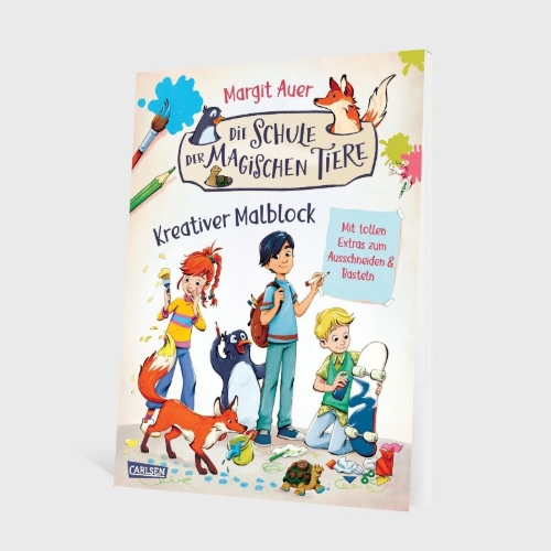 Buchcover und Innenansicht für das Buch: Die Schule der magischen Tiere Beschäftigung: Kreativer Malblock