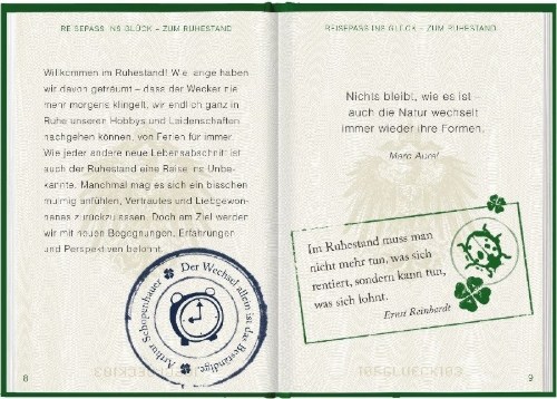 Buchcover und Innenansicht für das Buch: Reisepass ins Glück - Zum Ruhestand