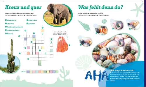 Buchcover und Innenansicht für das Buch: WAS IST WAS Rätseln und Stickern: Erde