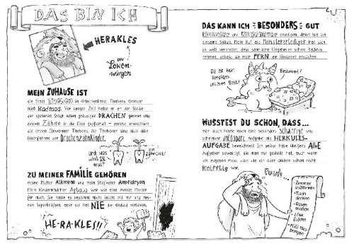 Buchcover und Innenansicht für das Buch: Ich, Herakles, und meine großen Heldentaten. Live aus dem alten Griechenland