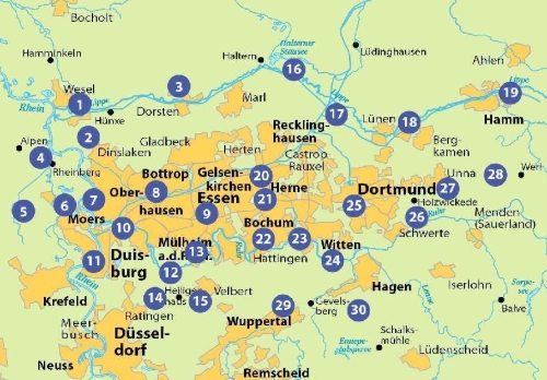 Buchcover und Innenansicht für das Buch: BVA Die 30 schönsten E-Bike Touren im Ruhrgebiet - Über Flussradwege und Alte Bahntrassen mit Knotenpunkten