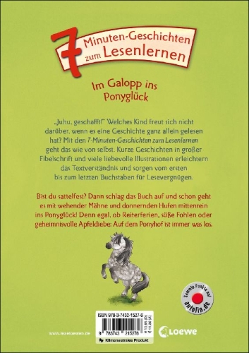 Buchcover und Innenansicht für das Buch: Leselöwen - Das Original - 7-Minuten-Geschichten zum Lesenlernen - Im Galopp ins Ponyglück