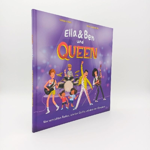 Buchcover und Innenansicht für das Buch: Ella & Ben und Queen - Von verrückten Radios, schrillen Outfits und absoluten Champions