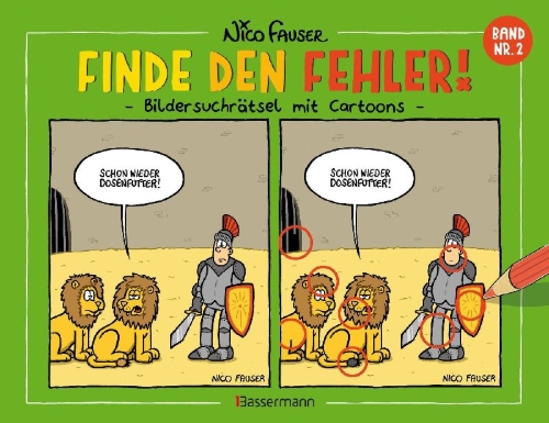 Buchcover und Innenansicht für das Buch: Finde den Fehler - Band Nr.2 - Bildersuchrätsel mit Cartoons