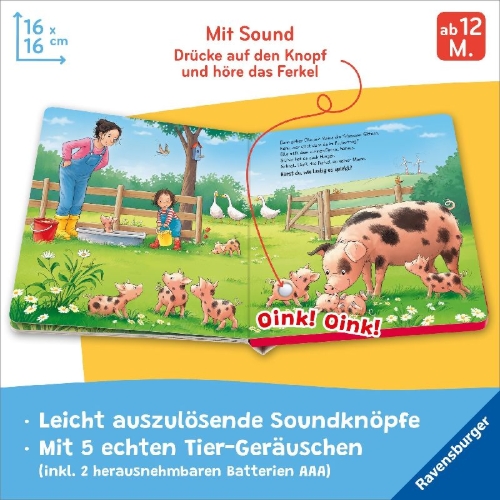 Buchcover und Innenansicht für das Buch: Hör mal hin - Wer kräht hier? Auf dem Bauernhof