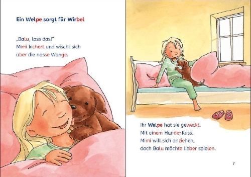 Buchcover und Innenansicht für das Buch: Leselöwen 1. Klasse - Zwei Freundinnen und ein neugieriger Welpe