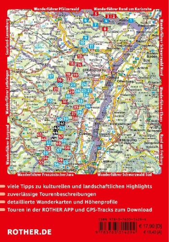 Buchcover und Innenansicht für das Buch: ROTHER Wanderführer Vogesen. 60 Touren zu Panoramagipfeln, Felsen, Seen und Burgen zwischen Elsass und Lothringen