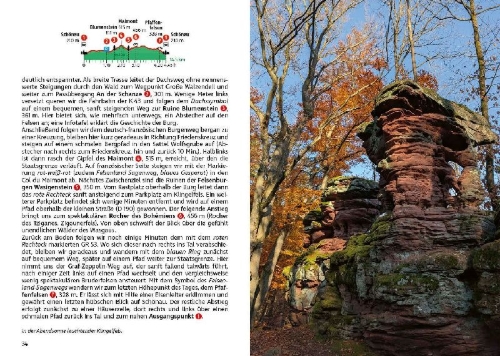 Buchcover und Innenansicht für das Buch: ROTHER Wanderführer Vogesen. 60 Touren zu Panoramagipfeln, Felsen, Seen und Burgen zwischen Elsass und Lothringen