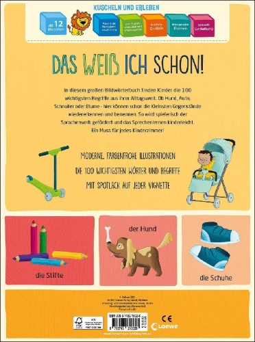 Buchcover und Innenansicht für das Buch: 100 erste Wörter, die mein Kind wissen muss