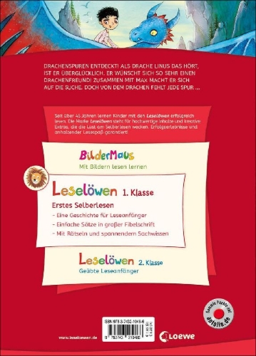 Buchcover und Innenansicht für das Buch: Leselöwen 1. Klasse - Drachenfreund gesucht! (Großbuchstabenausgabe)
