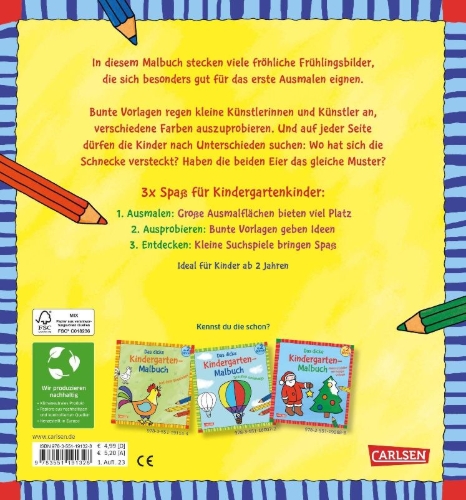 Buchcover und Innenansicht für das Buch: Ausmalbilder für Kita-Kinder: Das dicke Kindergarten-Malbuch: Auf der Wiese