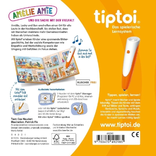 Buchcover und Innenansicht für das Buch: tiptoi® Bildergeschichten über den Umgang mit Gefühlen - Amélie Amie und die Sache mit der Vielfalt