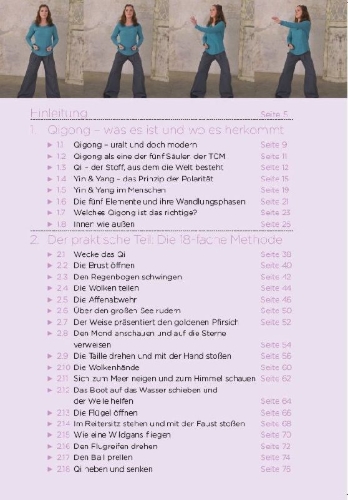 Buchcover und Innenansicht für das Buch: Qigong, die universelle 18-fache Methode - Personal Training + DVD. Die weltweit populärste Übungsfolge. Sehr einfach und sehr wirksam. Ideal auch für Kinder und Senioren