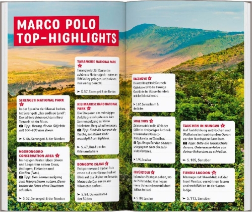 Buchcover und Innenansicht für das Buch: MARCO POLO Reiseführer Tansania, Sansibar